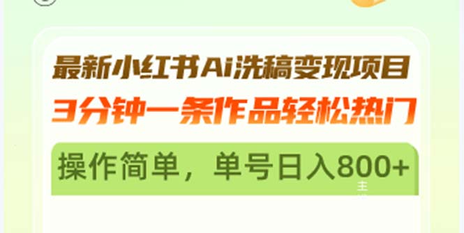 最新小红书Ai洗稿变现项目 3分钟一条作品轻松热门 操作简单，单号日入800+-小艾网创