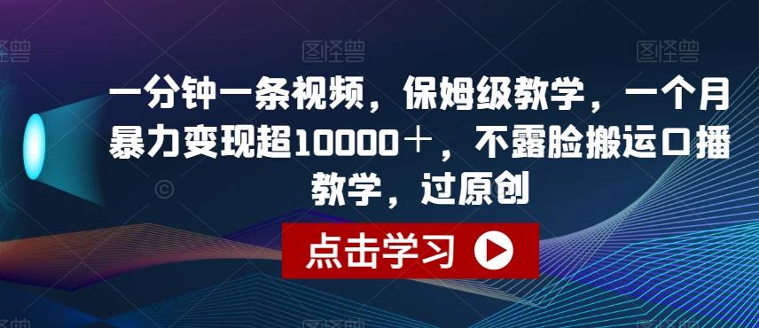 一分钟一条视频，保姆级教学，一个月暴力变现超10000＋，不露脸搬运口播教学，过原创-小艾网创