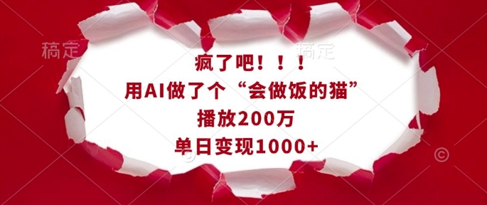 疯了吧！用AI做了个“会做饭的猫”，播放200万，单日变现1k-小艾网创