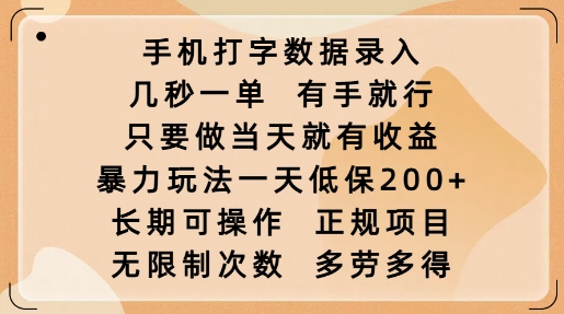 手机打字数据录入，几秒一单，有手就行，只要做当天就有收益，暴力玩法一天低保2张-小艾网创