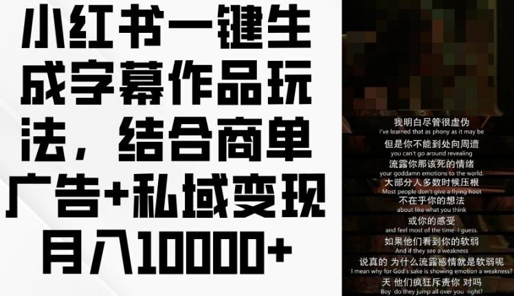 小红书一键生成字幕作品玩法，结合商单广告+私域变现月入1w+【揭秘】-小艾网创